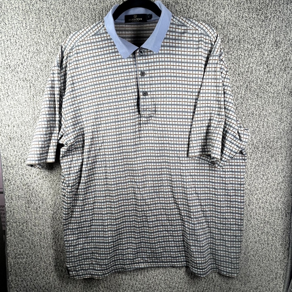 Bugatchi Uomo Polo Shirt Mens Beige Blue Brown Stripe Rugby Golf Golfer Large